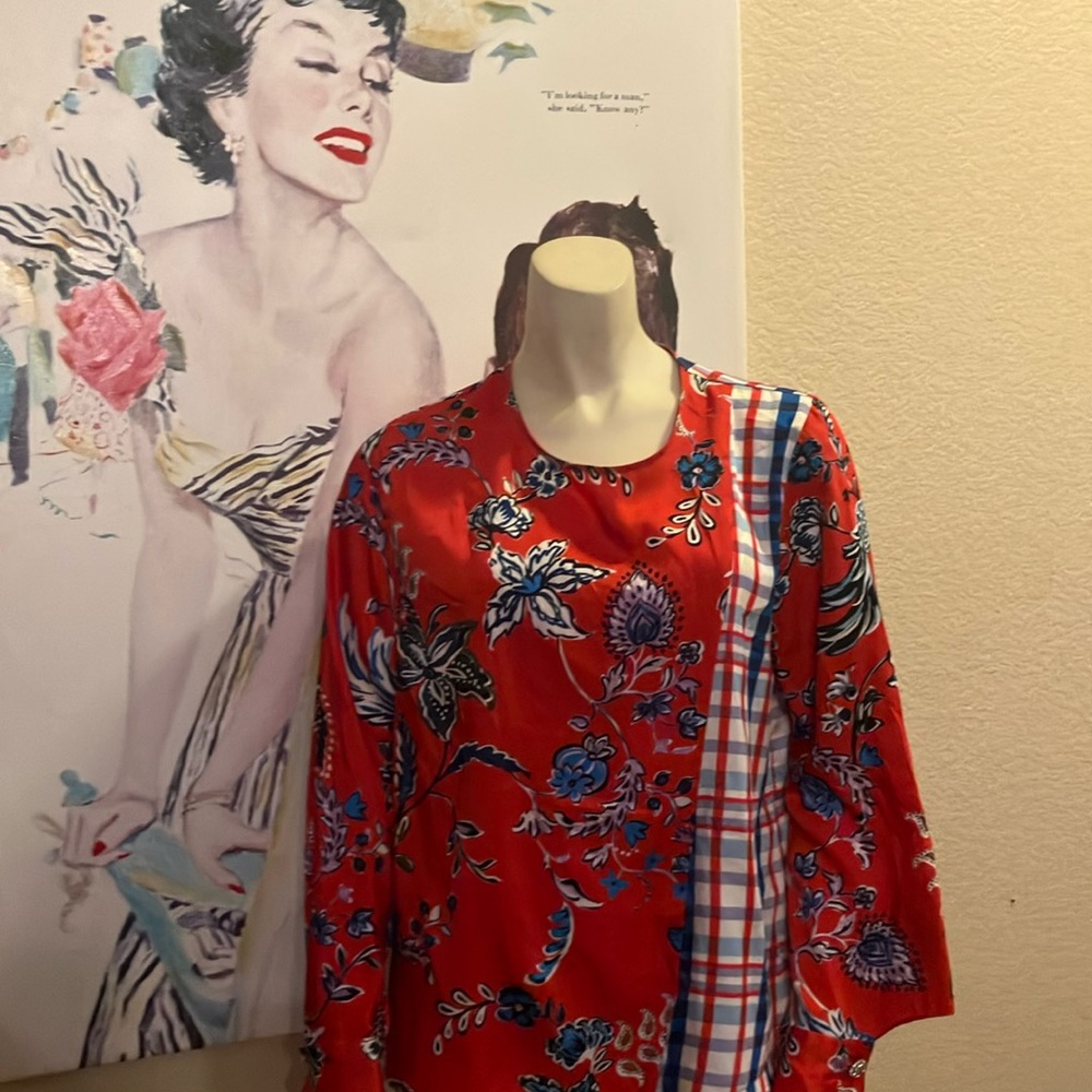 Red Floral and Plaid Blouse